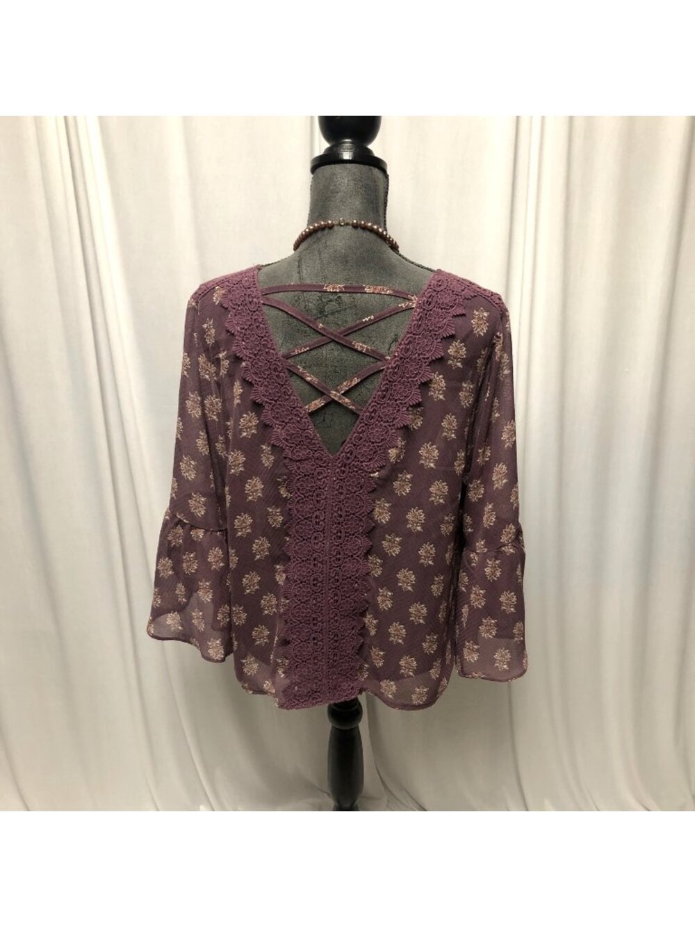 Rewind Peasant Top Womens Size XL Mauve Bell Sleeves Sheer Criss Cross Lace Back